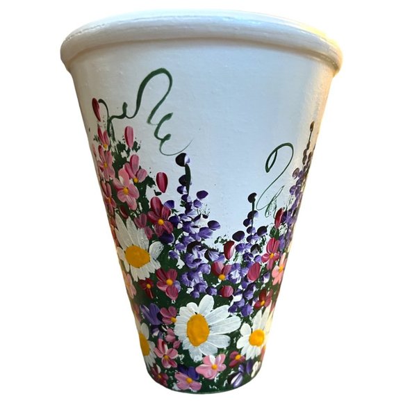 Sublime Handpainted TERRACOTTA VASE Planter Pot Wraparound Flowers Glazed 7.5" T - Picture 10 of 16